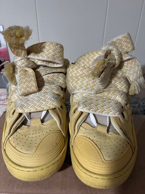Lanvin Yellow High-Top Athletic Sneakers with Patterned Ribbon Laces